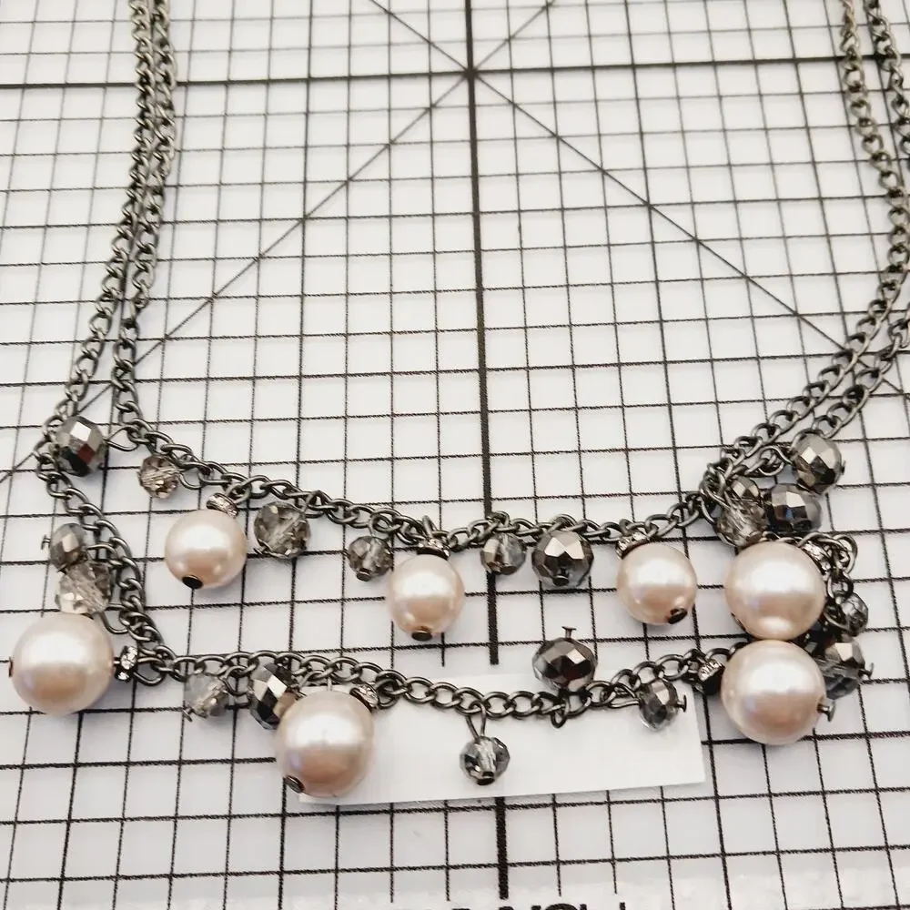 Necklace Chain Statement Faux Pearl Crystal Gunmetal Silver Tone Logo Charm 16